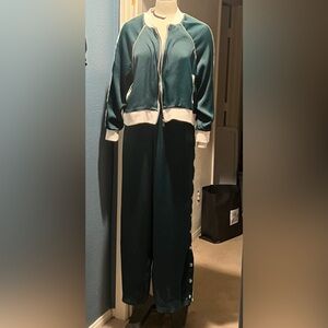 Good American Emerald Teal and White Contrast-Trim Bomber Jumpsuit
